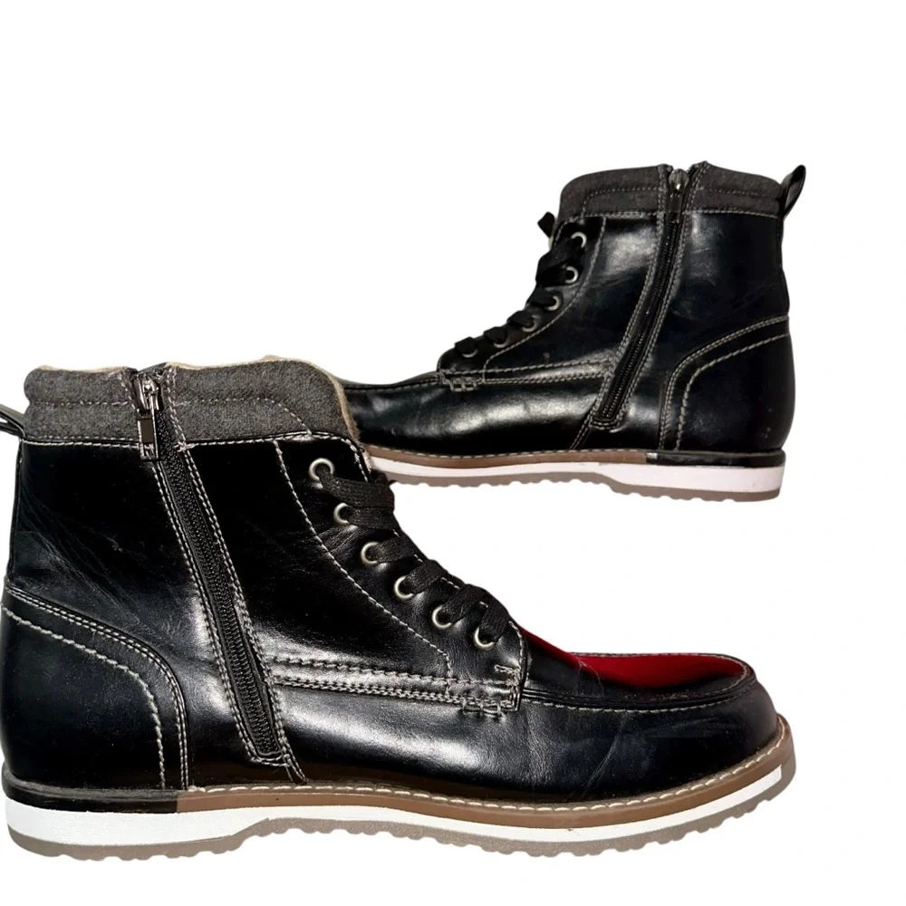VGC HARRISON MYLES Black Faux Leather Sherpa Lined Zip‎ Moc-Toe Boots Men's 12